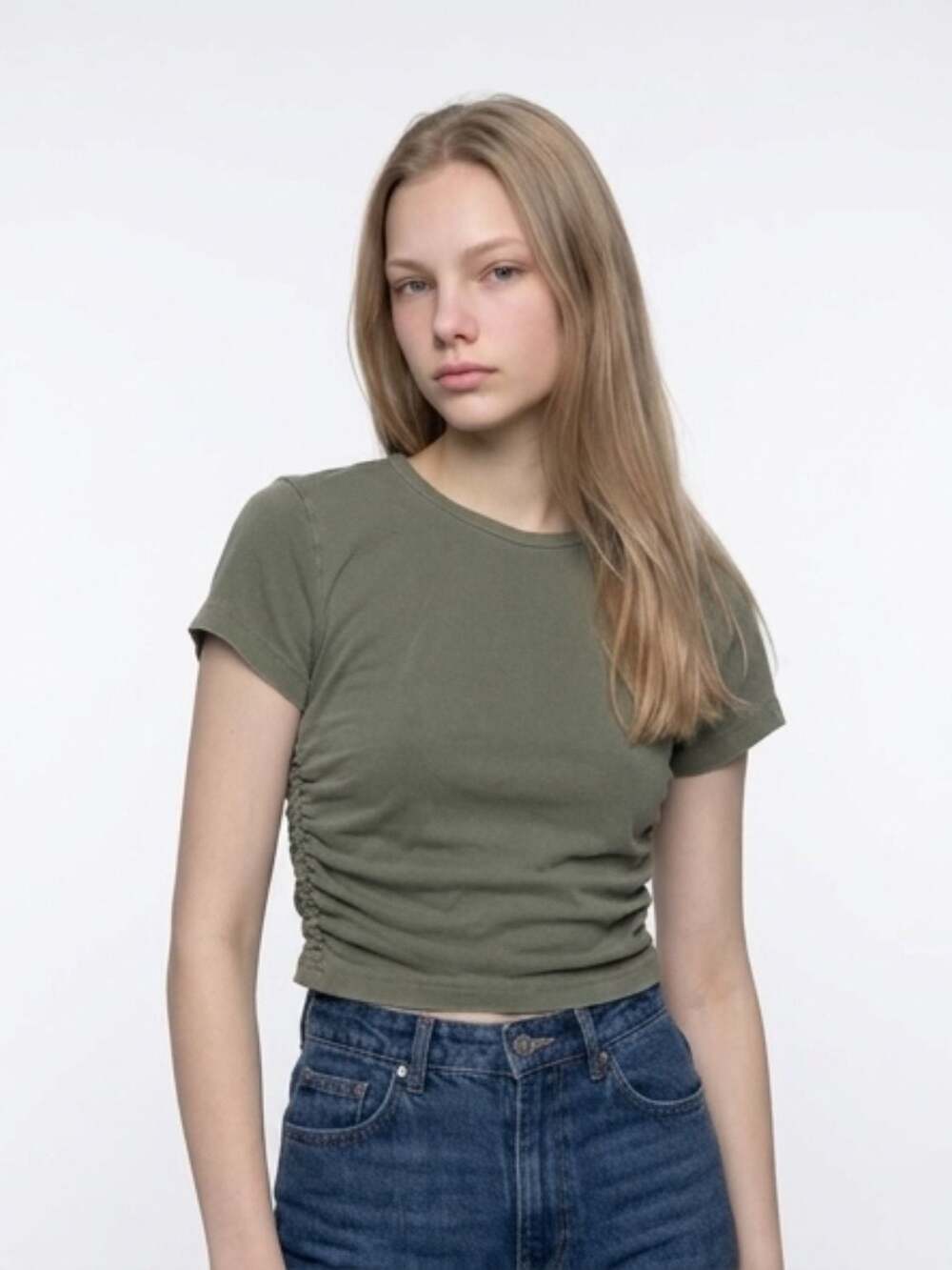 Forever 21 Olive Green Ruched Side Crop Top